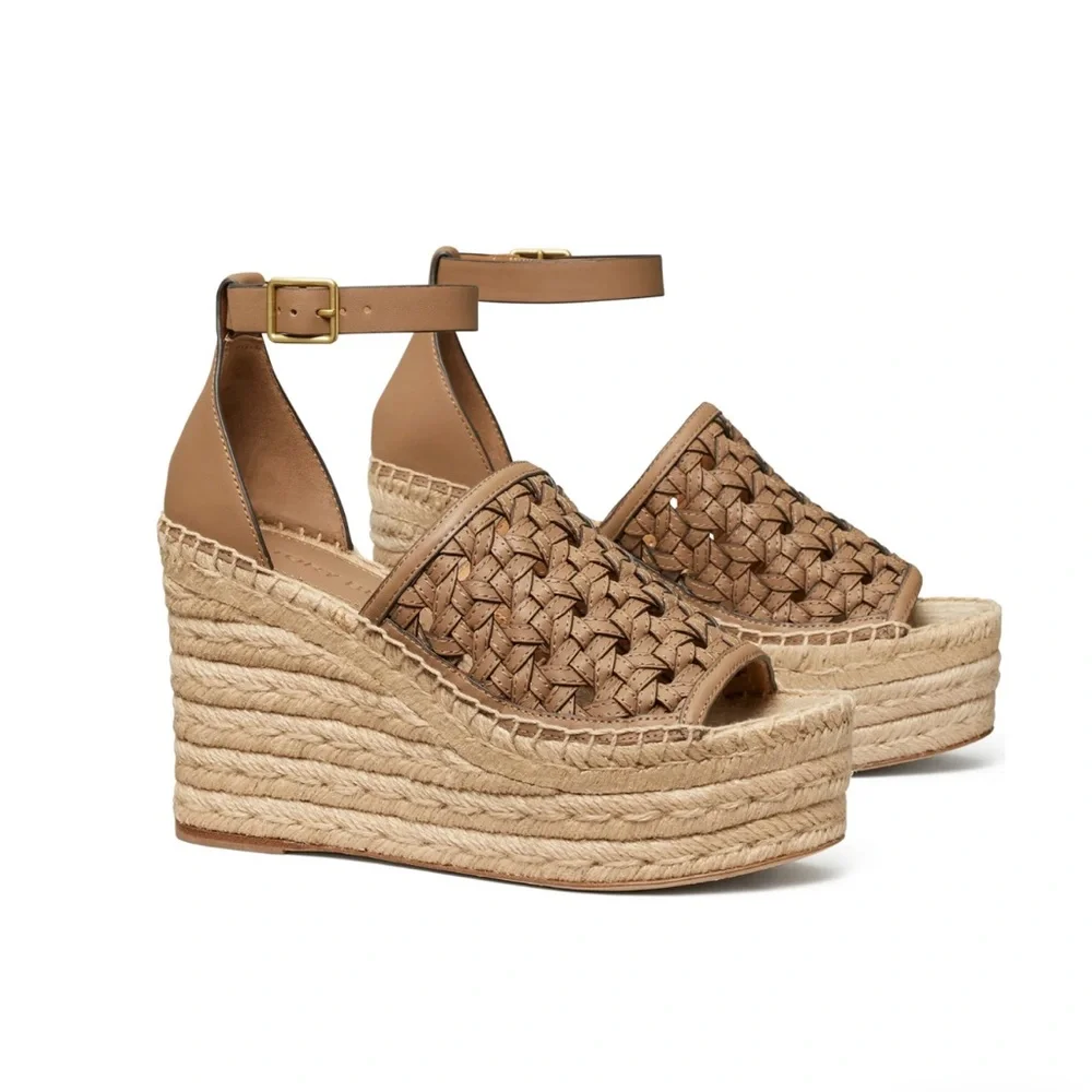 Tory Burch Basketweave Espadrille Ankle Strap Wedges Leather, NWT, Size 10